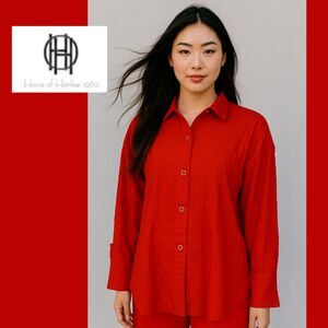 NWT House of Harlow 1960 Red Button Up Long-Sleeve Blouse (Over-Sized Fit)